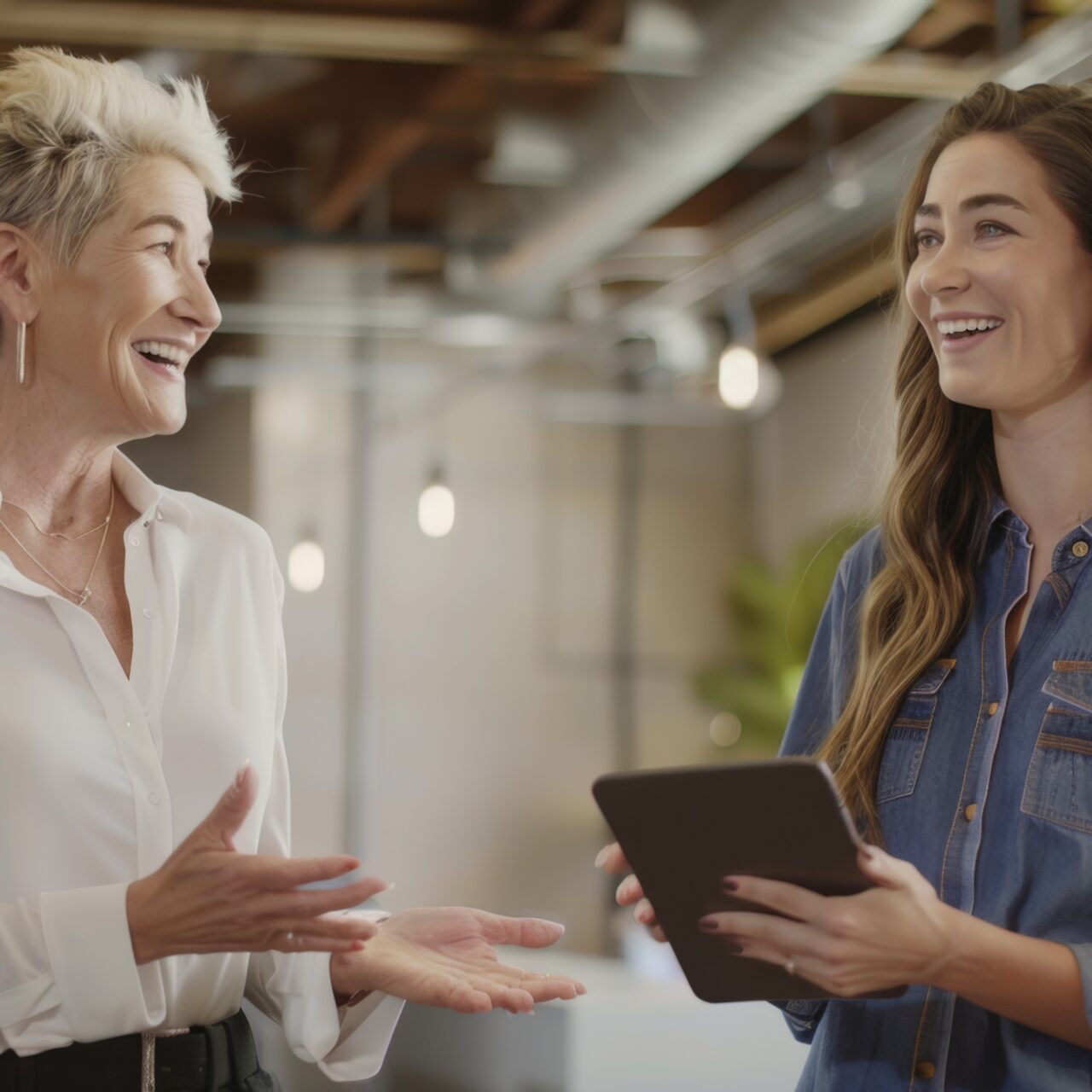 Two professional women are engaged in a collaborative discussion with one holding a tablet, sharing a moment of mentorship and teamwork in a well-lit modern office space.