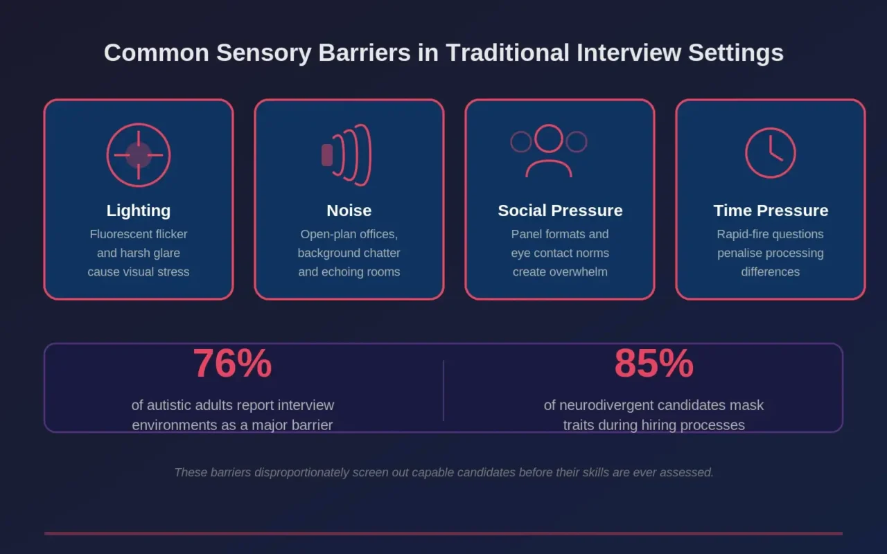 Infographic titled 'Common Sensory Barriers in Traditional Interview Settings.' Highlights four barriers: Lighting, Noise, Social Pressure, Time Pressure. Contains statistics: 76% of autistic adults see interviews as a barrier; 85% of neurodivergent candidates mask traits during hiring. Emphasizes the impact on capable candidates.